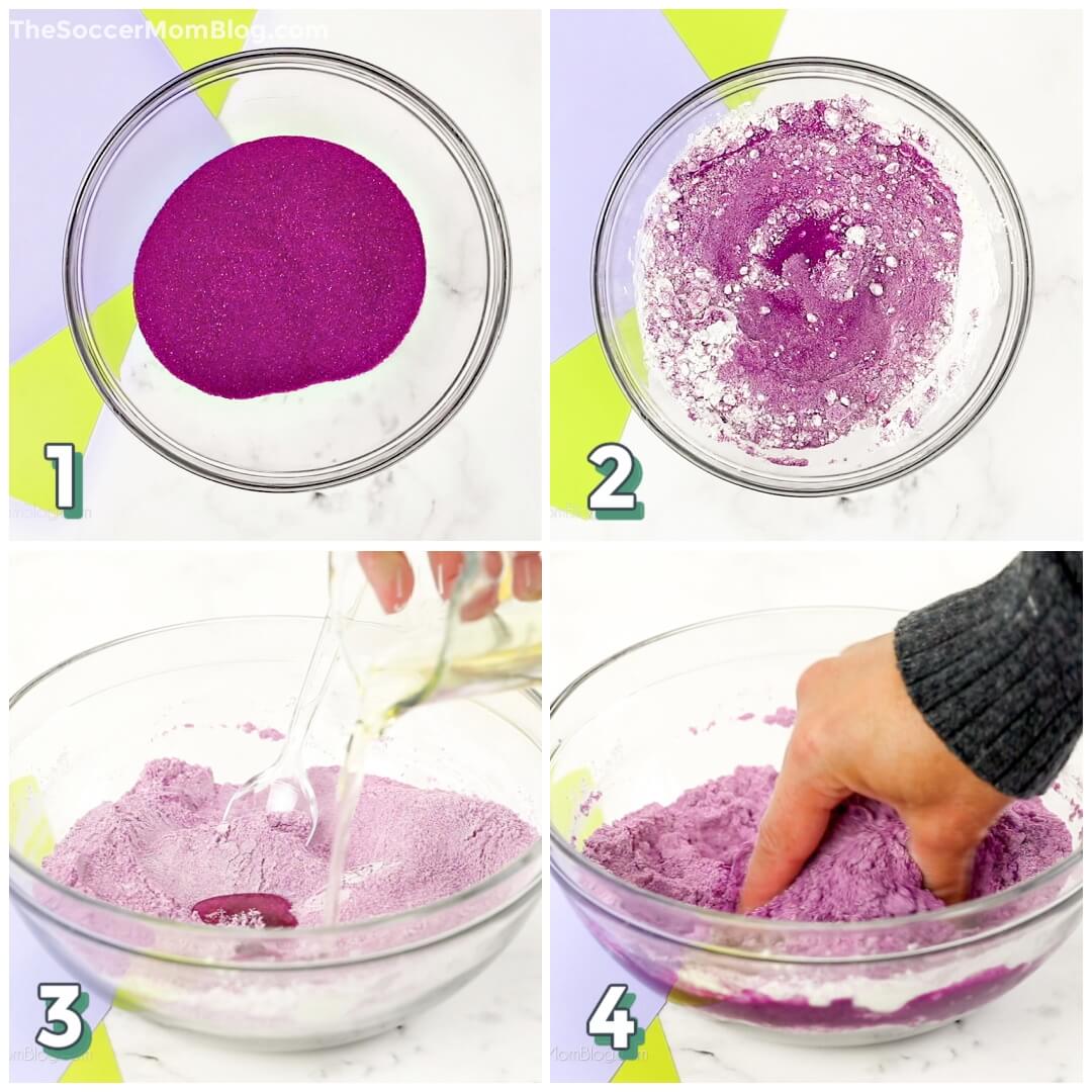 4 step photo collage showing how to make homemade kinetic sand: mixing in bowl with cornstarch and oil