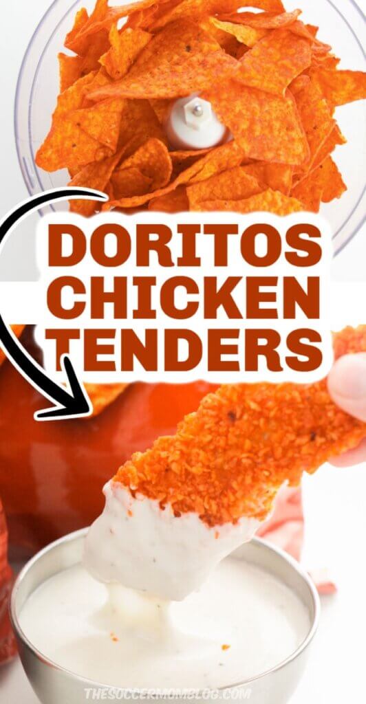 2 photo collage showing a bowl of Doritos and Doritos crusted chicken tender dipped in ranch
