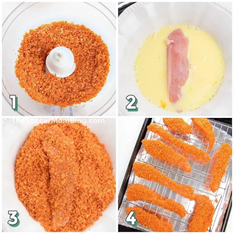 4 step photo collage showing how to make chicken tenders with Doritos chip coating