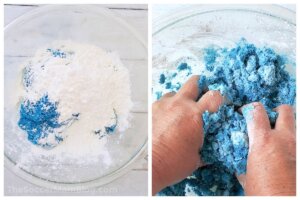 2 step photo collage showing how to make homemade kinetic sand