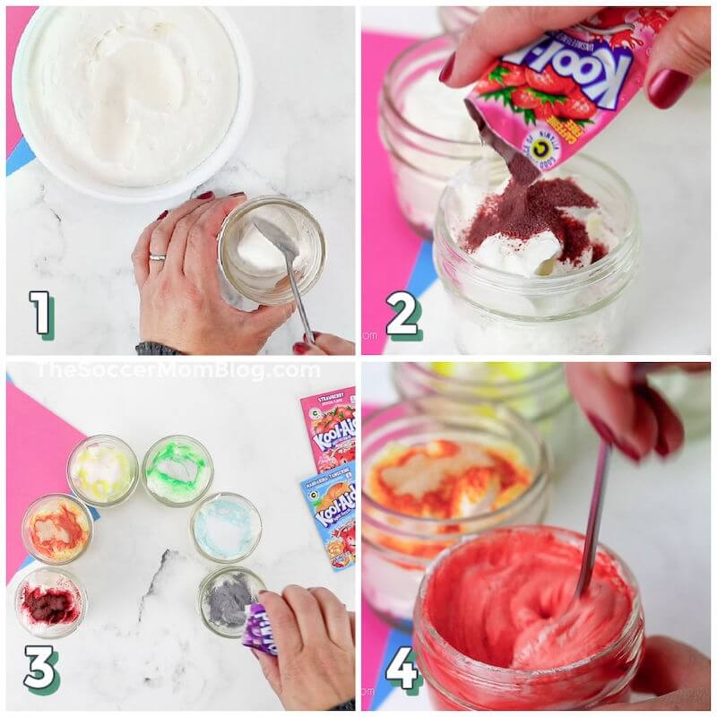 4 step photo collage showing how to make edible paint with Cool Whip and Kool Aid