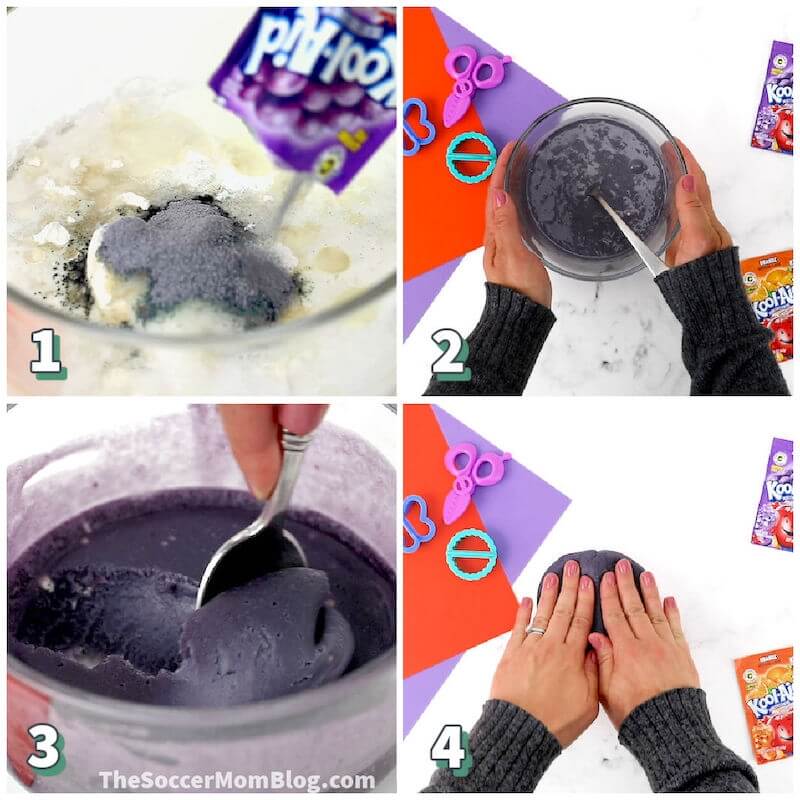4 step photo collage showing how to make play dough with Kool Aid
