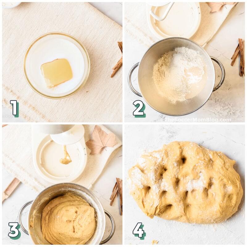 4 step photo collage showing how to make pumpkin cinnamon roll dough