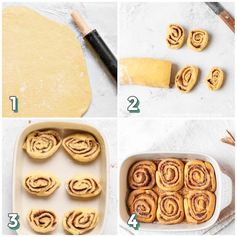 4 step photo collage showing how to roll and cut pumpkin cinnamon rolls