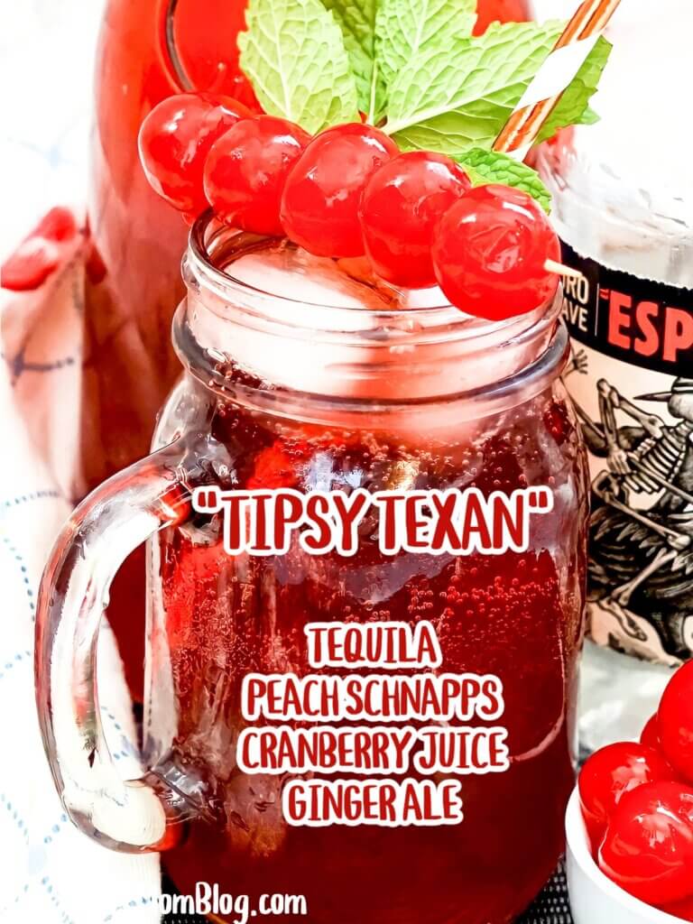 Tipsy Texan cocktail ingredients text overlay on mason jar