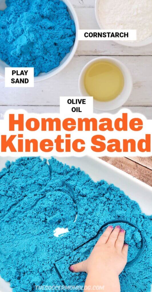 2 photo vertical collage showing kinetic sand ingredients and finished product