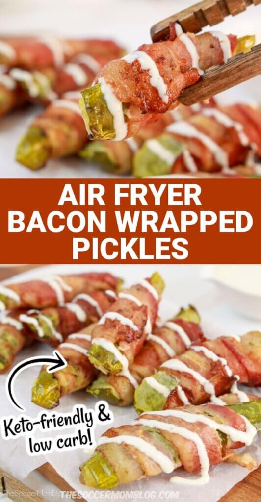 2 photo vertical collage of bacon wrapped pickles