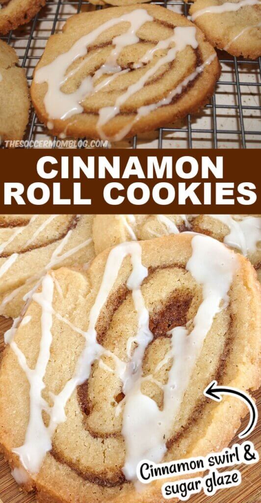 2 photo vertical collage of cinnamon roll cookies
