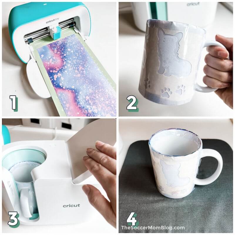 4 step photo collage showing how to use Cricut Mug Press