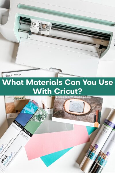 Cricut Maker with various materials on craft table; text overlay "What Materials Can You Use with Cricut?"