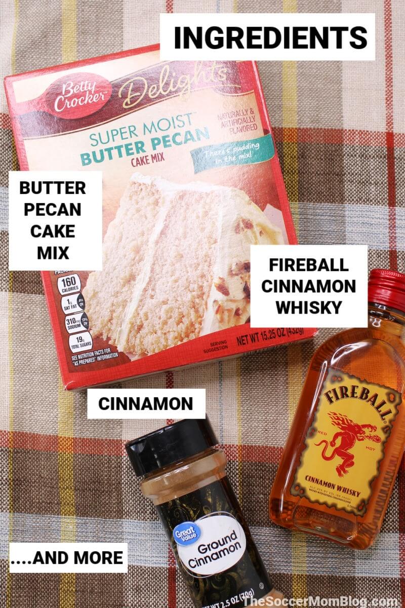 ingredients to make Fireball cake, with text labels