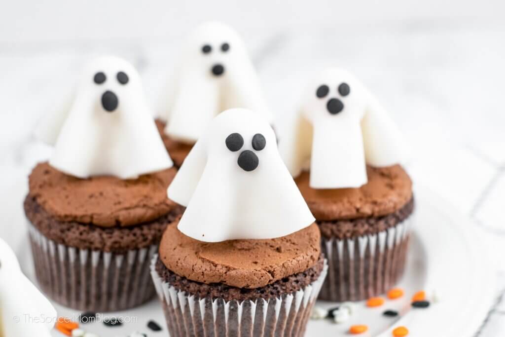Four Ghost Cupcakes on a plate