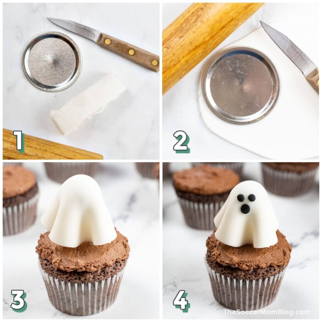 4 step photo collage showing how to make ghosts out of white fondant