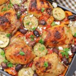 Greek chicken and veggies cooked in a sheet pan