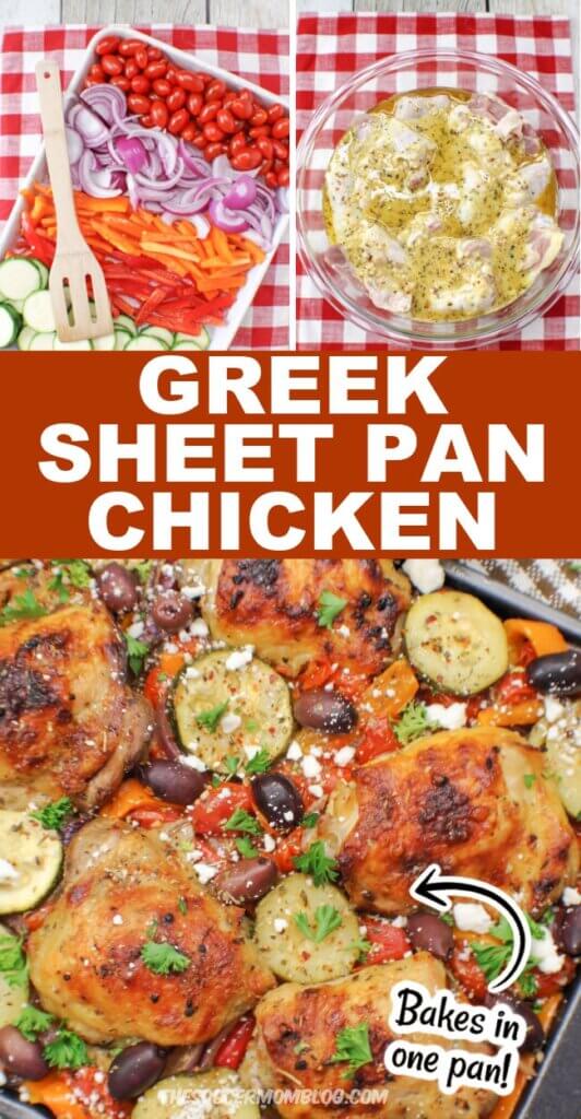 2 photo vertical collage showing how to make Greek sheet pan chicken, with text overlay of recipe name