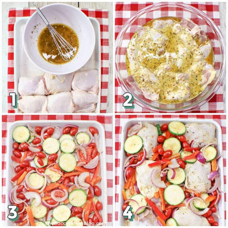 4 step photo collage showing how to make a Greek chicken sheet pan dinner