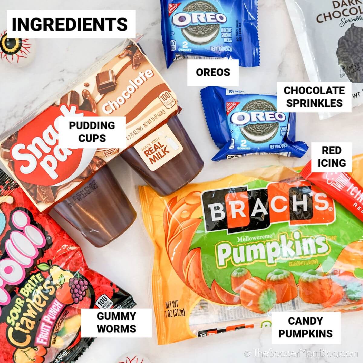 ingredients to make Halloween dirt cups, with text labels