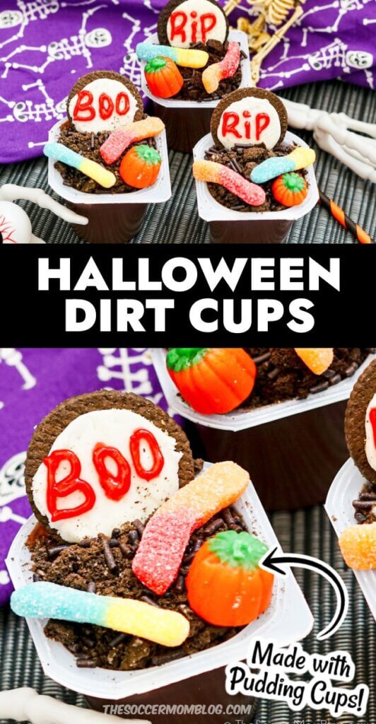 2 photo vertical collage of Halloween dirt cups