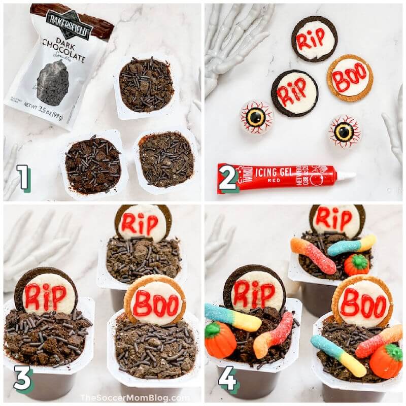 4 step photo collage showing how to make Halloween pudding cups