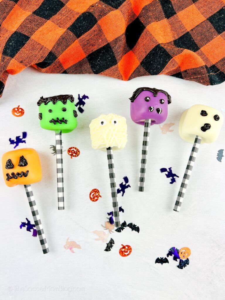 5 different designs of chocolate coated Halloween Marshmallows