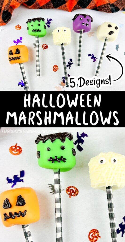 2 photo vertical collage of chocolate coated Halloween marshmallow pops