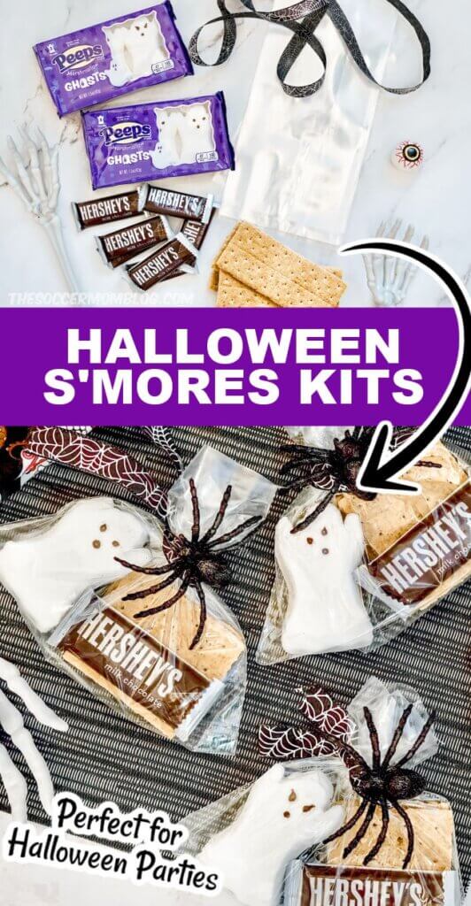 Halloween smores in individual bags; 2 photo collage