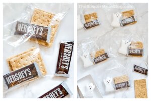2 step photo collage showing how to assemble bags with Halloween smores supplies