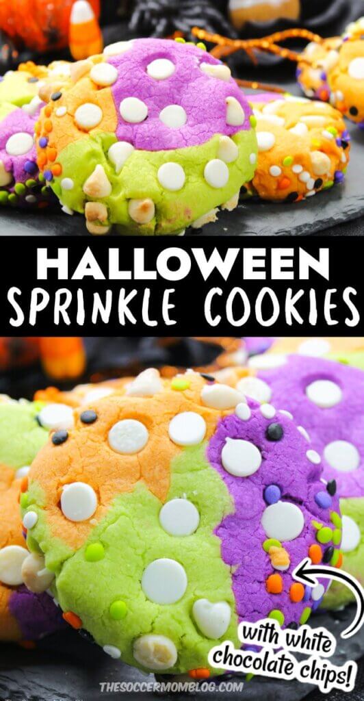 2 photo vertical collage of colorful Halloween sprinkle cookies