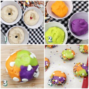 4 step photo collage showing how to make Halloween cookies with sprinkles and 3 colors