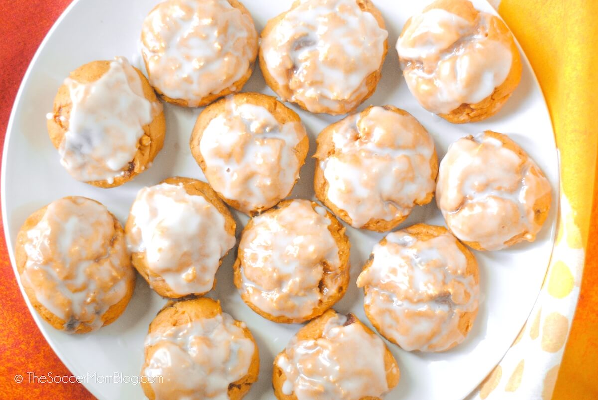 plate of iced fluffy pumpkin cookies