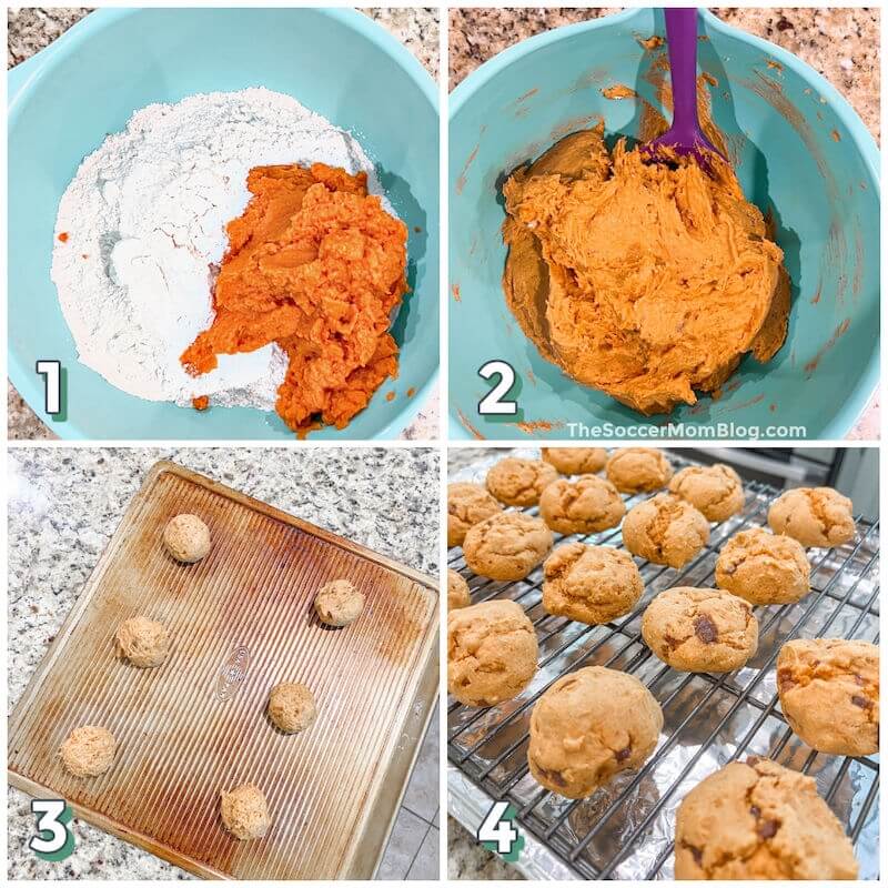 4 step photo collage showing how to make pumpkin cookies with cake mix