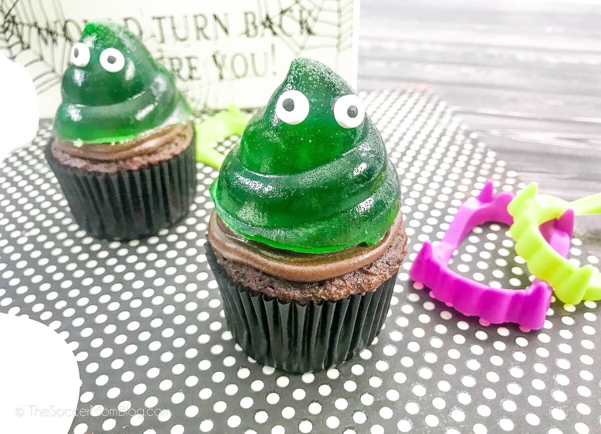 two slime cupcakes made with jello