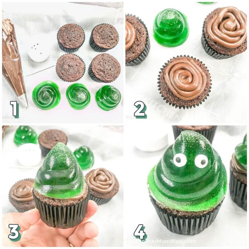 4 step photo collage showing how to make cupcakes with jello slime topping