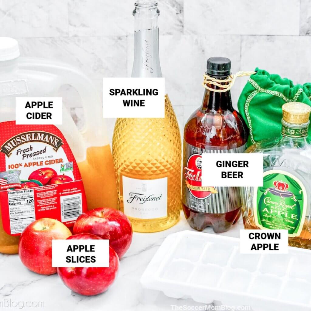 ingredients to make a boozy fall punch, with text labels
