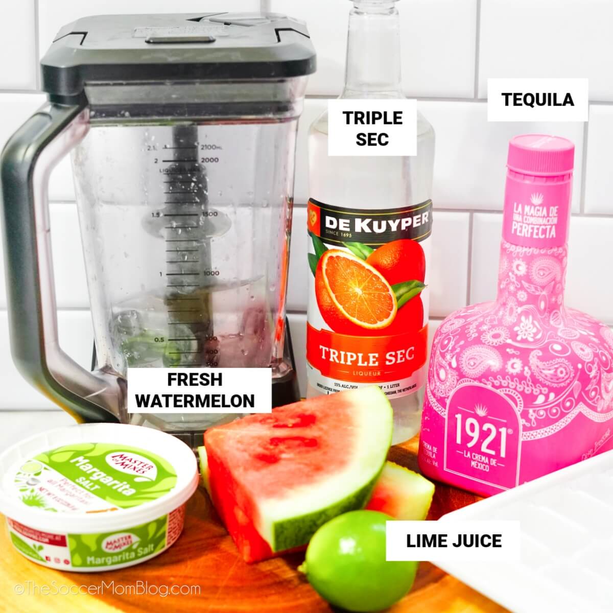 watermelon margarita ingredients, with text labels: fresh watermelon, triple sec, ,tequila, lime juice