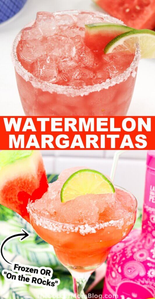 2 photo vertical Pinterest collage of fresh and frozen Watermelon Margaritas