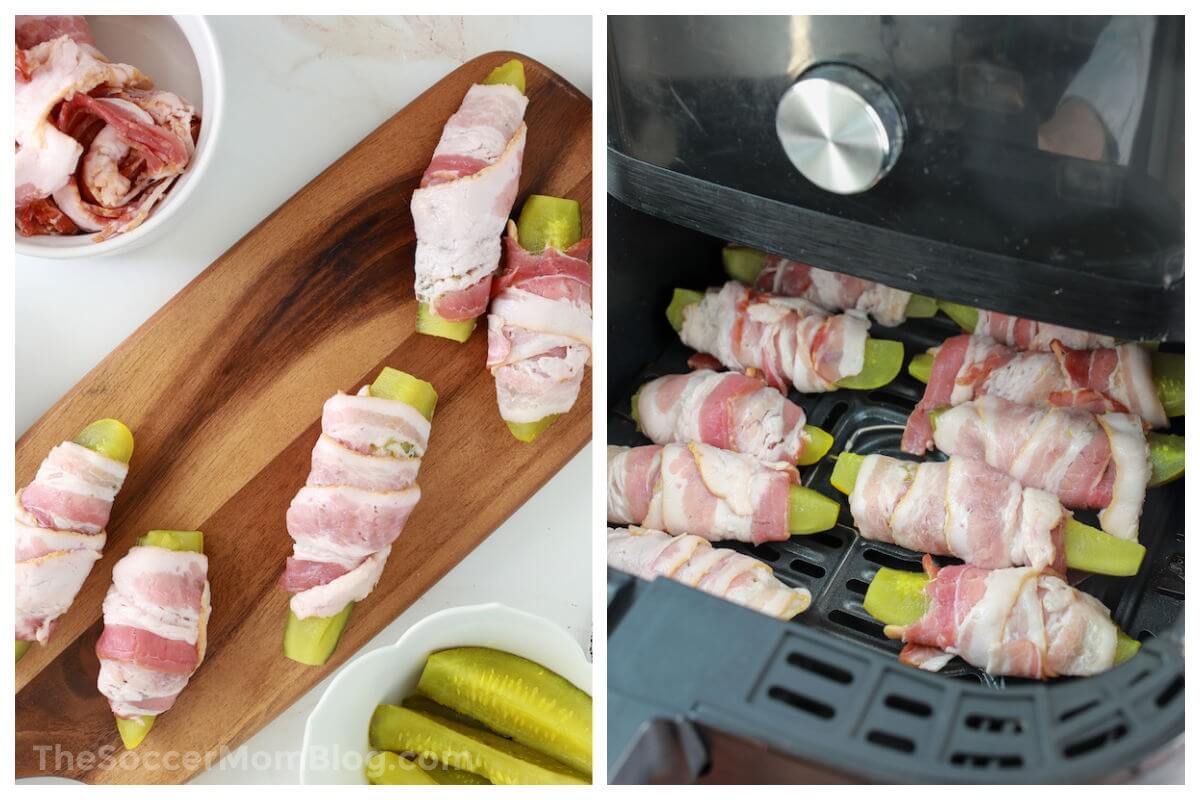 2 step photo collage showing how to make bacon wrapped pickles in an air fryer