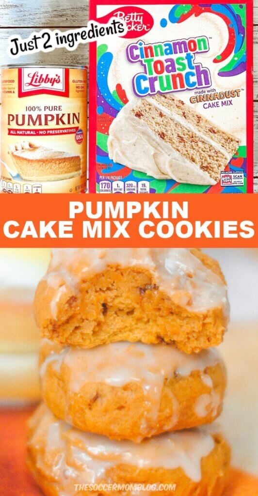 2 photo collage: cake mix and canned pumpkin, stack of pumpkin cookies