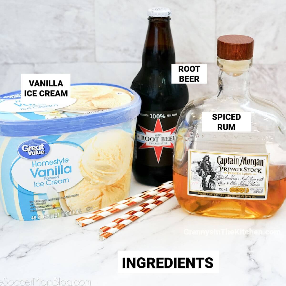 ingredients needed to make boozy root beer floats, with text labels