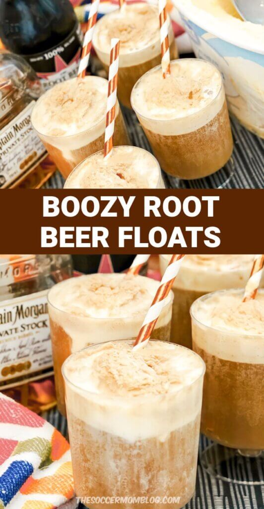 2 photo collage of boozy root beer floats