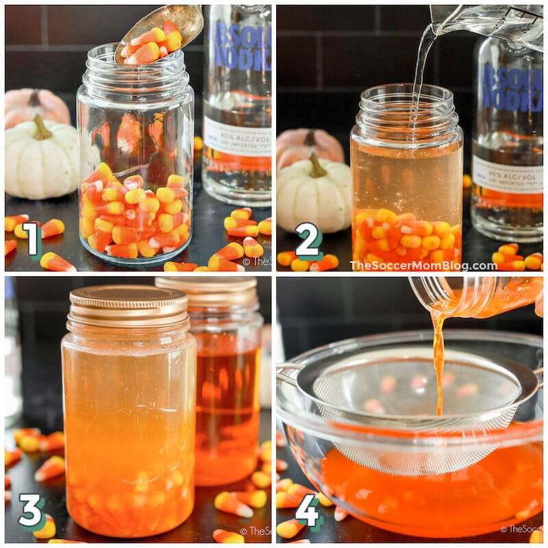 4 step photo collage showing how to make candy corn infused vodka