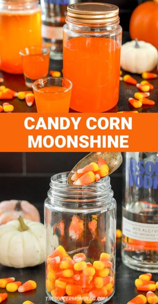2 photo collage showing how to make candy corn infused moonshine