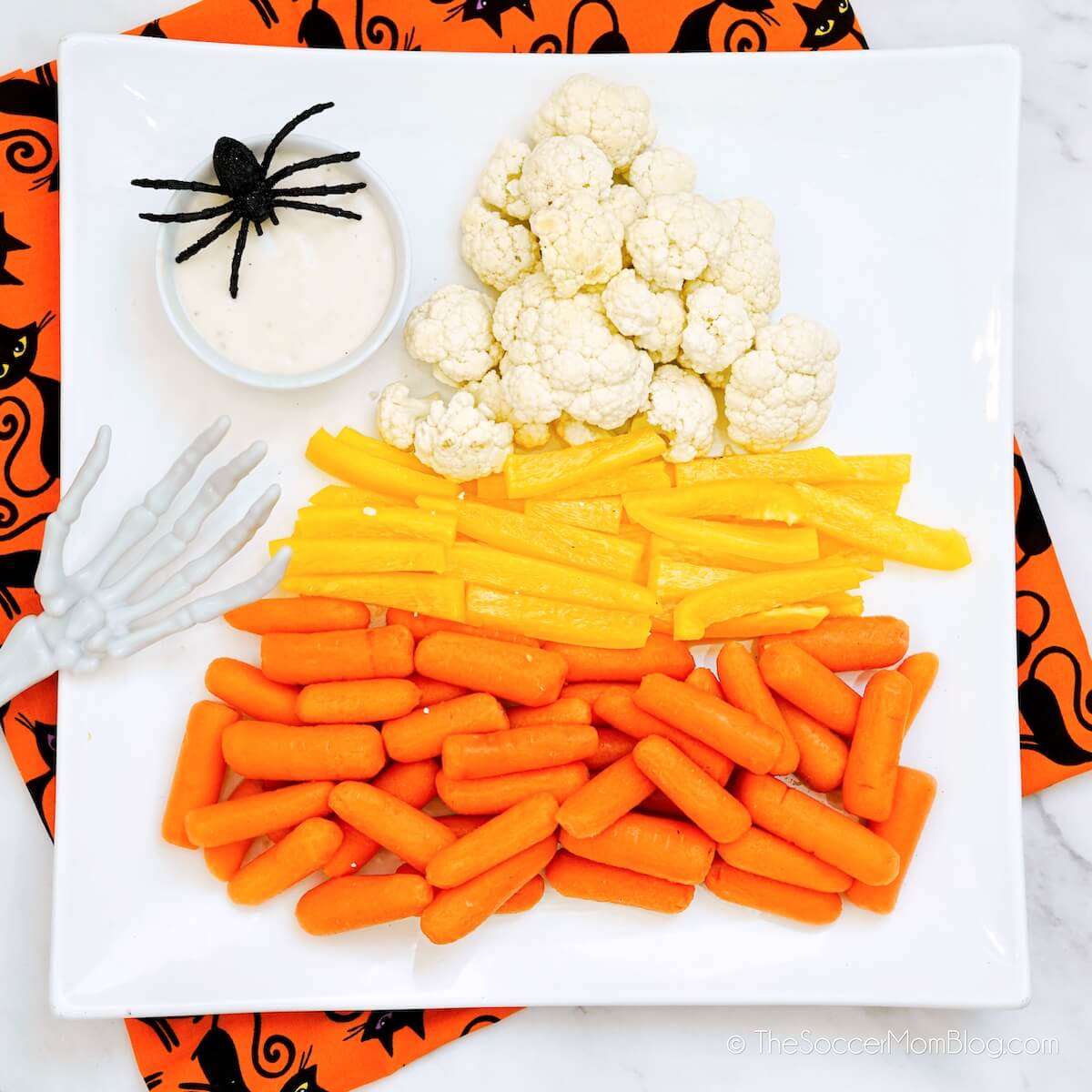candy corn shaped veggie platter for Halloween