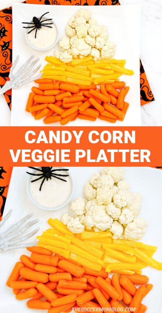 2 photo collage of a candy corn veggie tray, with text overlay of recipe name