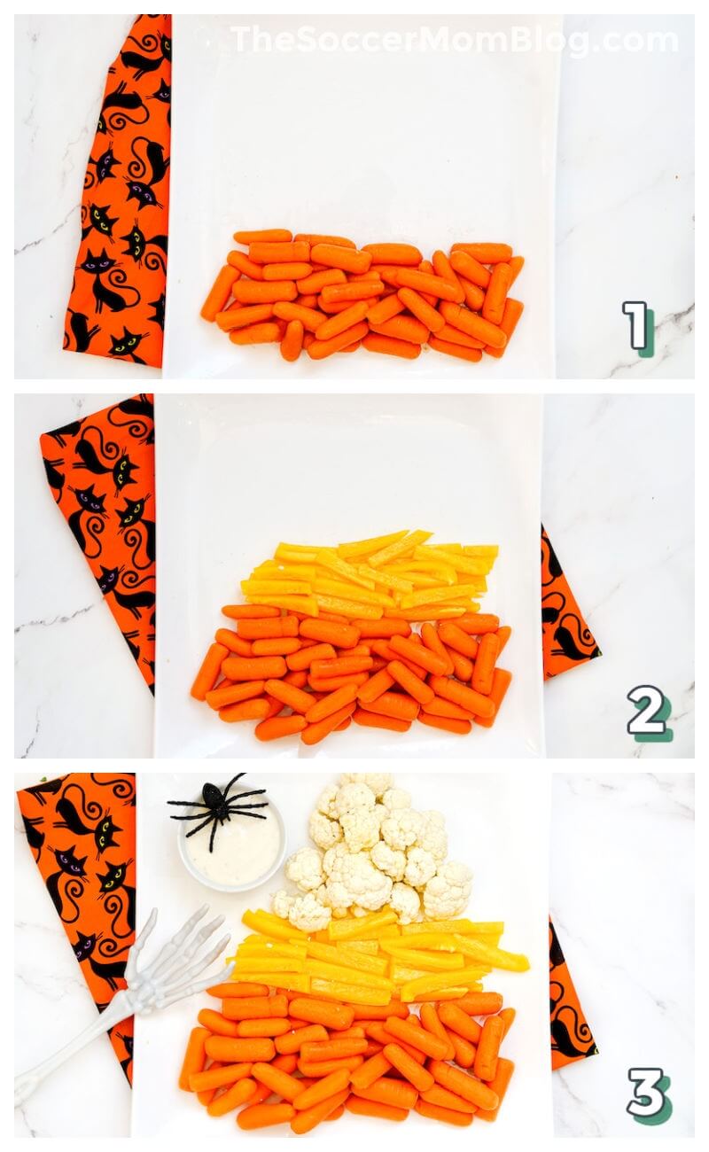 3 step photo collage showing how to make a veggie tray shaped like a candy corn