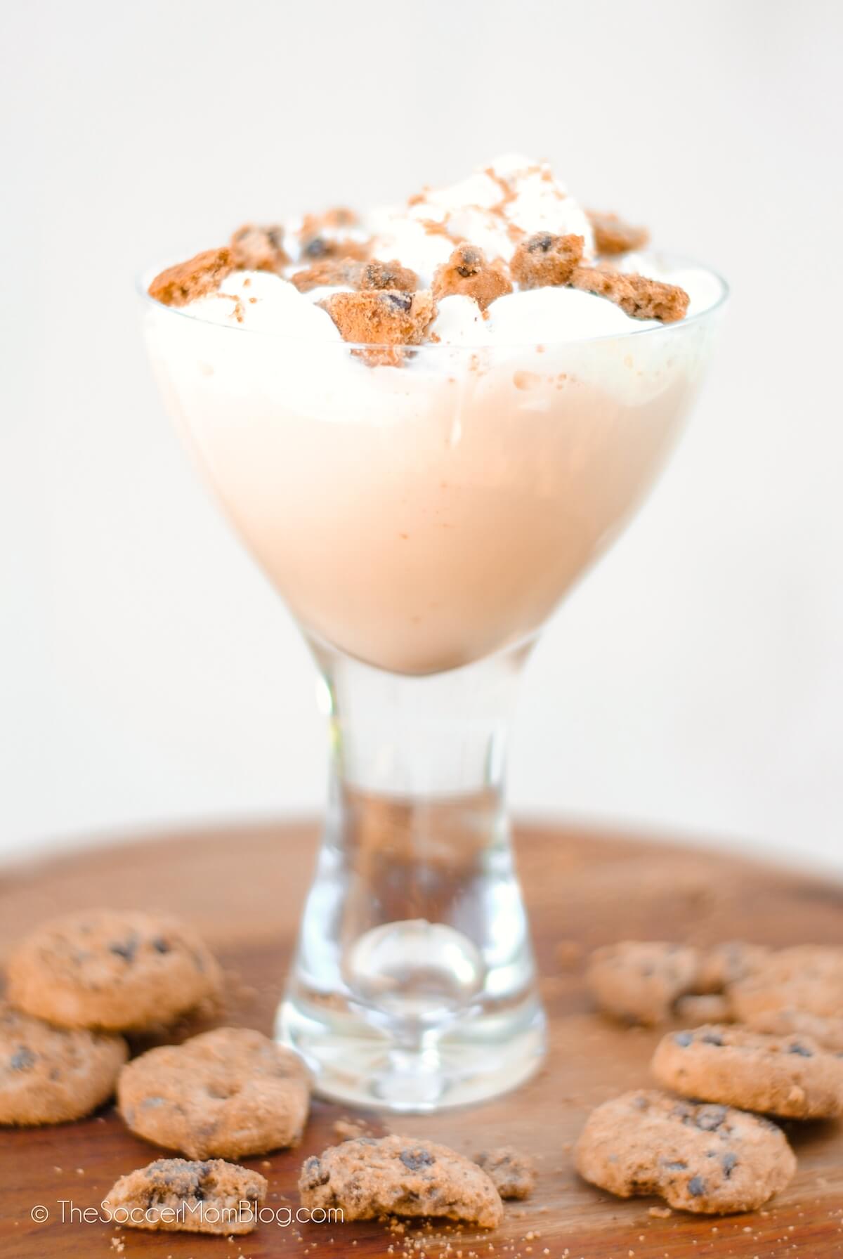 chocolate chip cookie martini on a tray with cookies