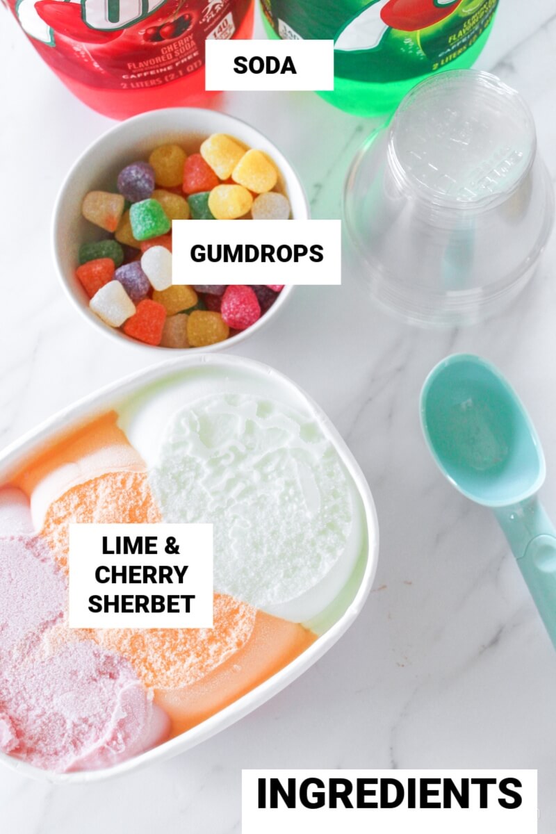 ingredients needed to make Christmas sherbet punch , with text labels