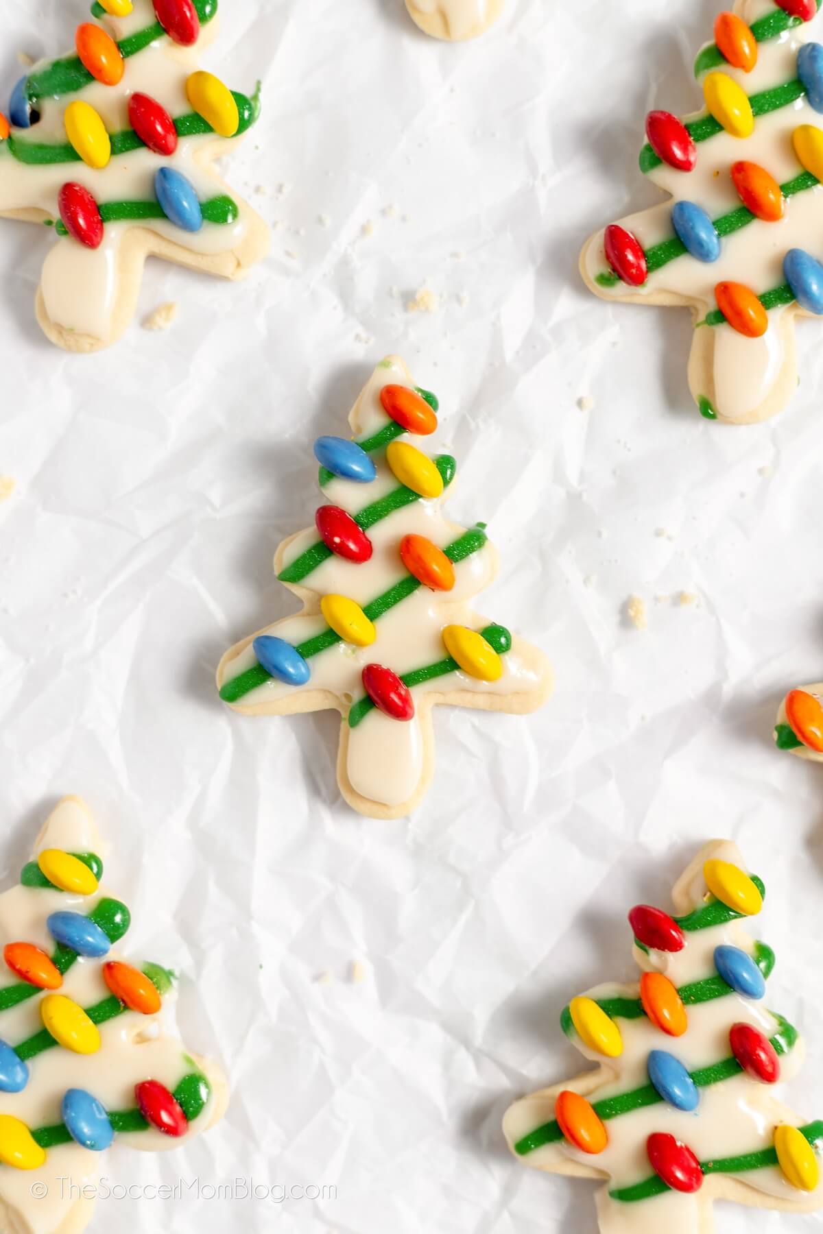 Christmas tree cookies decorated with M&M "light" bulbs