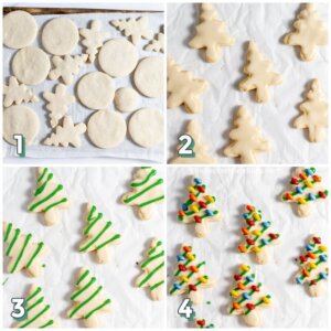4 step photo collage showing how to decorate cookies to look like they're covered in Christmas lights