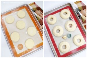 2 photo collage showing how to make donut sugar cookies